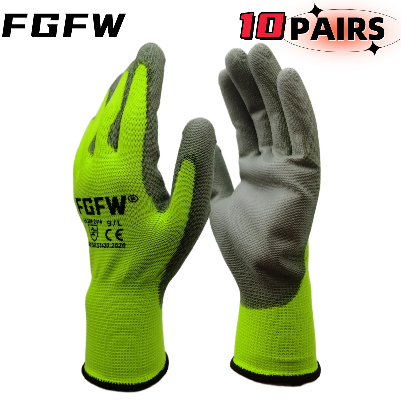 PU Coated Work Gloves 10 Pairs Lightweight Safety Gloves EN388 Certified