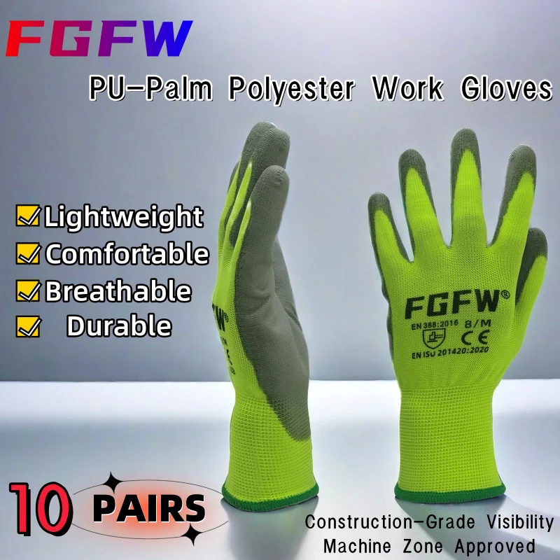 PU Coated Work Gloves 10 Pairs Lightweight Safety Gloves EN388 Certified - Image 4