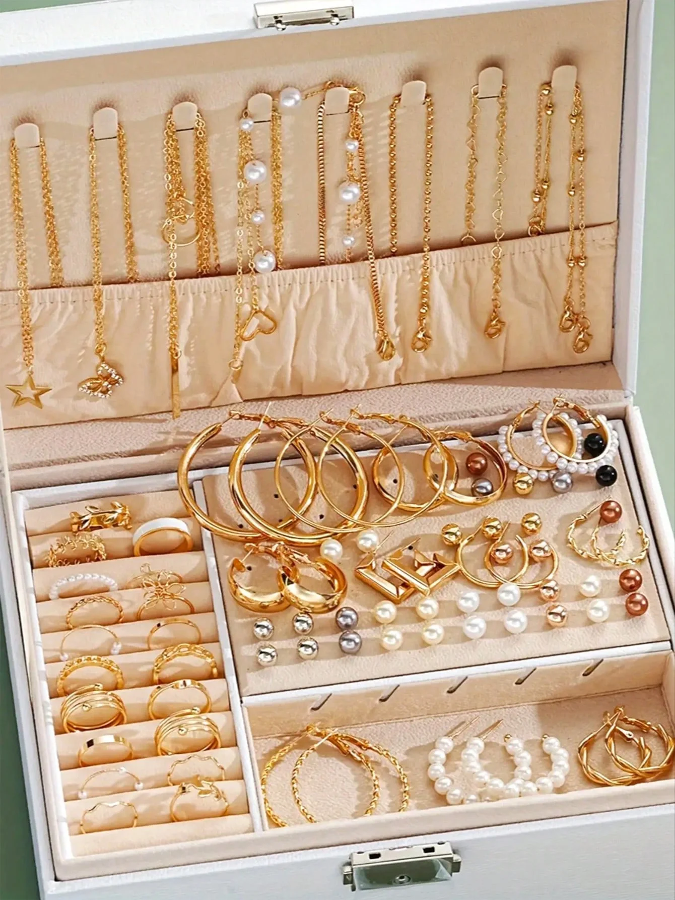 86Pcs Pearl Jewelry Set Women Necklace Earrings Rings Gold Silver 4in1