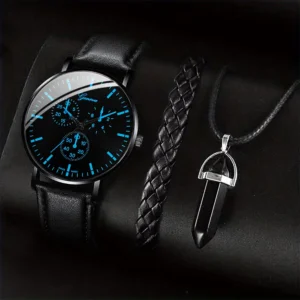 3PCS Men Watch Set Quartz Leather Band Bracelet Necklace Business Gift