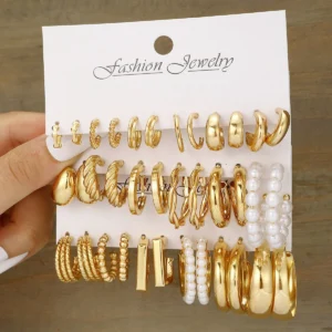 Boho Hoop Earrings Set Women Gold Pearl 11 Styles Vintage Jewelry