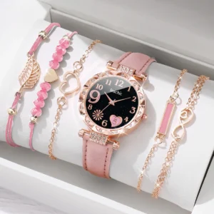 6PCS Women Watch Set Heart Dial Quartz Leather Bracelet Gift 4 Colors