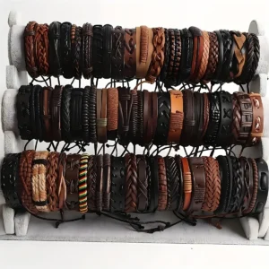 Braided Leather Bracelet Set Men Women Wood Beads Wrap Wristbands