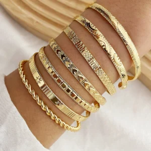 7Pcs Punk Gold Bracelets Set 18cm Heart Open Bangle Women Jewelry