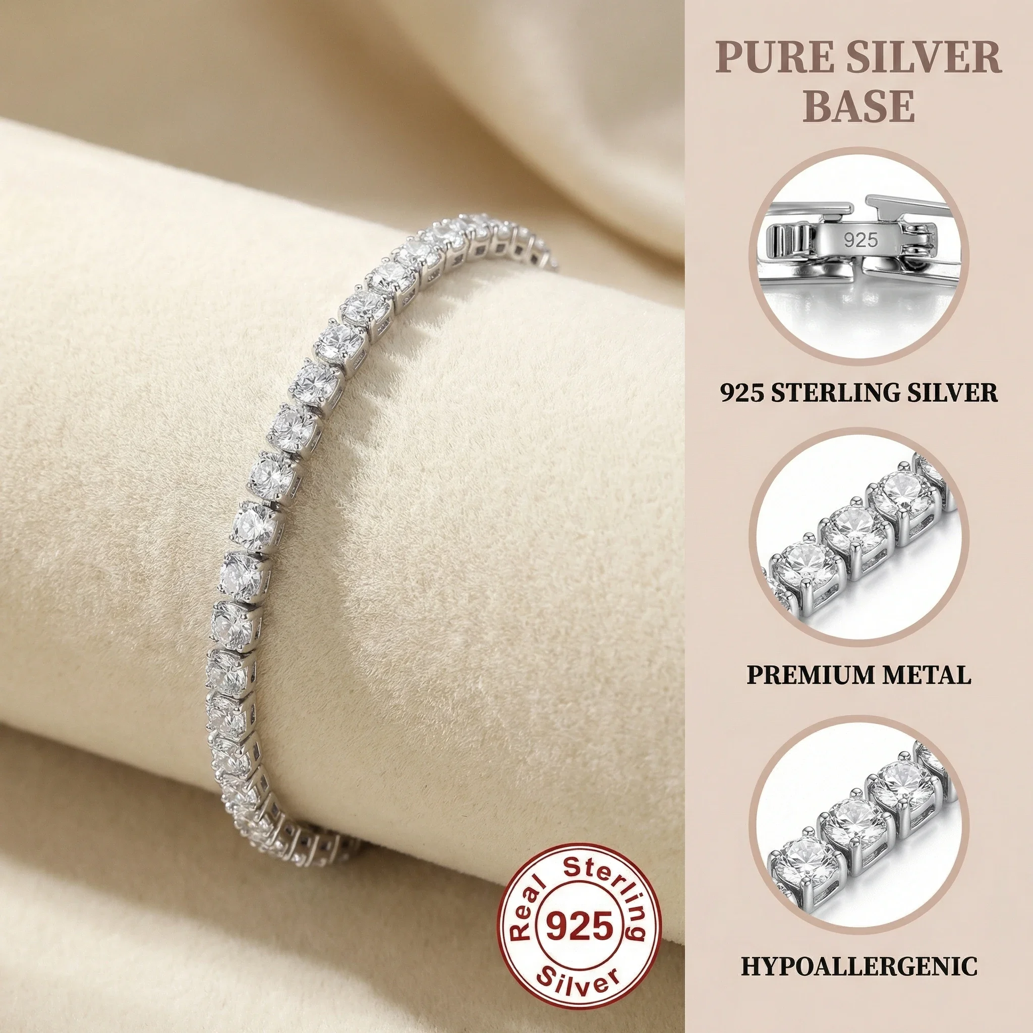 925 Silver Tennis Bracelet Zircon Women 4mm Adjustable 16-20cm Jewelry - Image 4