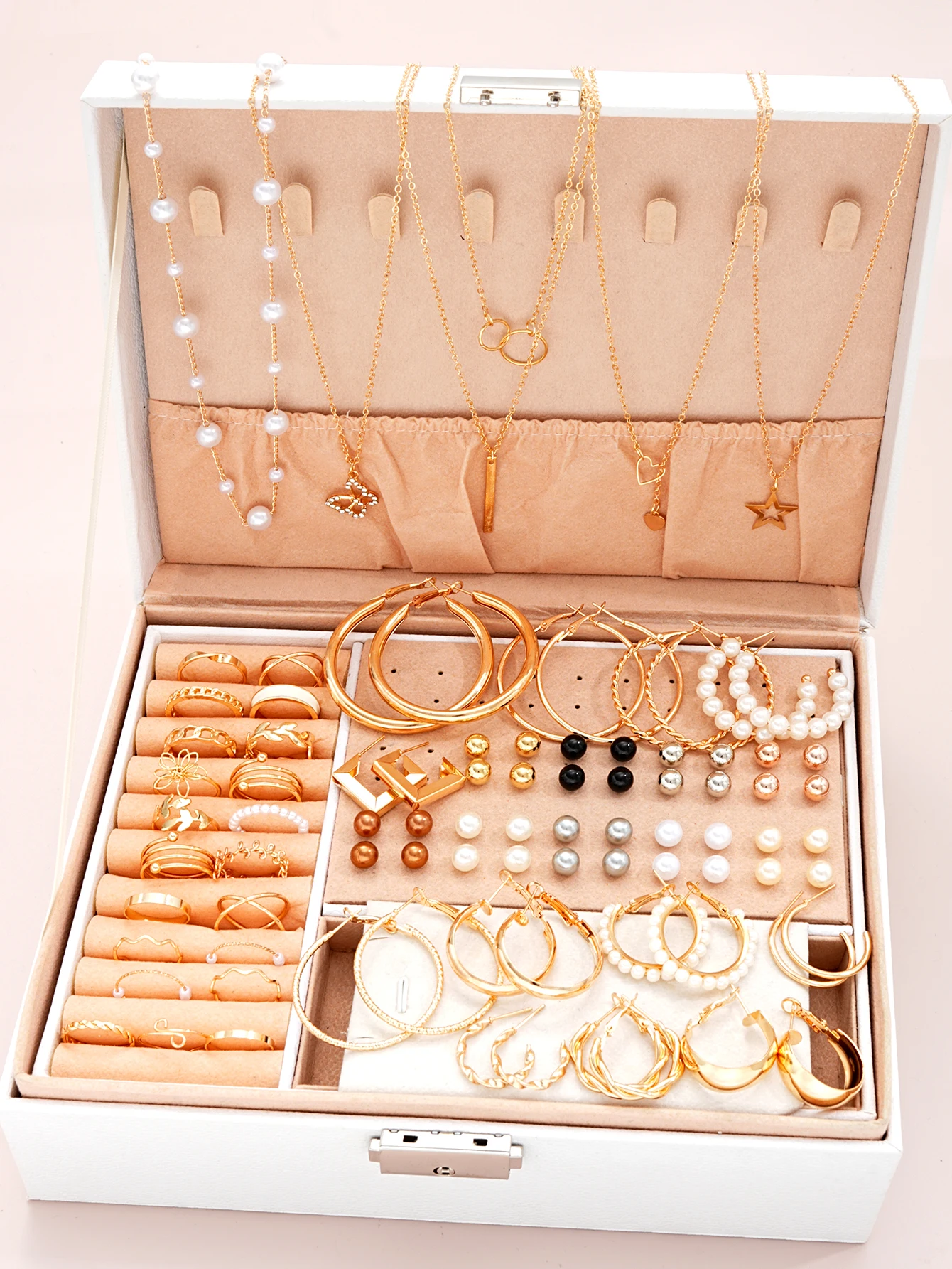 86Pcs Pearl Jewelry Set Women Necklace Earrings Rings Gold Silver 4in1 - Image 2